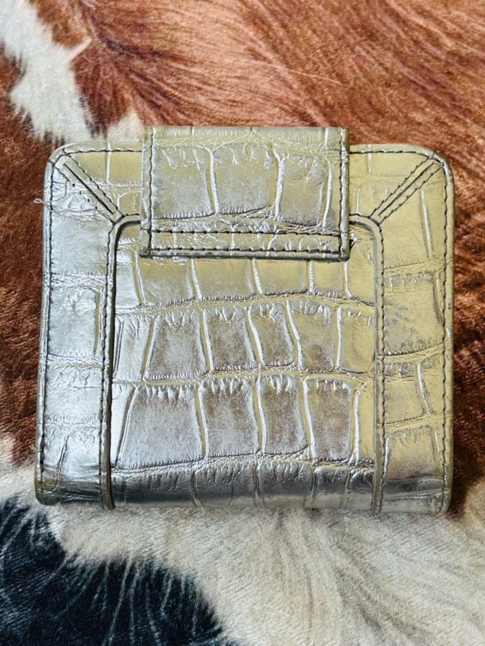 Tory Burch Metallic Silver Croc-Embossed Leather Bifold Wallet Teal Crystal Gems